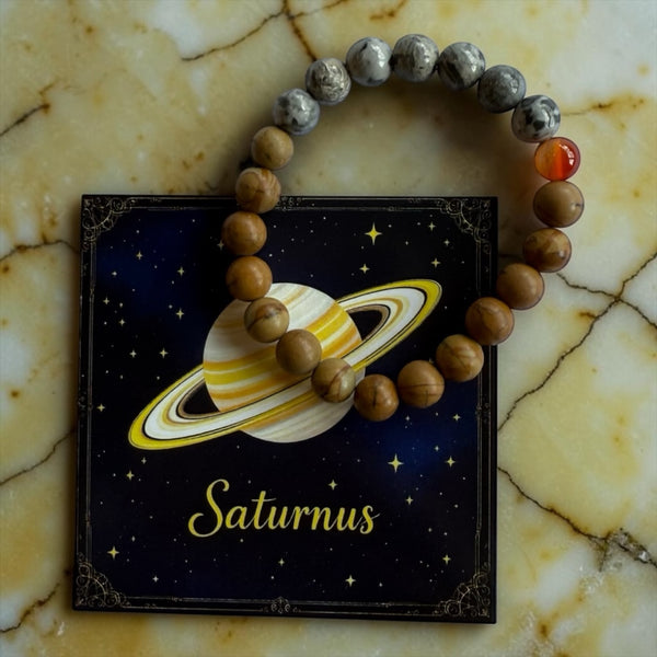 Planeten Armband Saturnus 19mm | Versteend Hout & Regenboog Maansteen