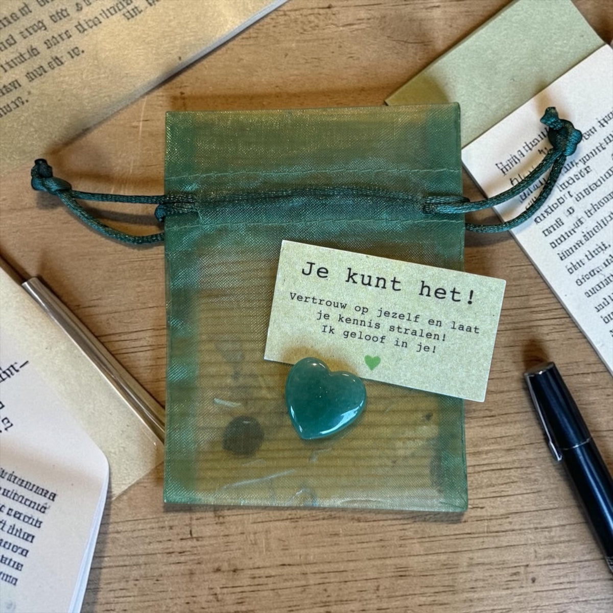 Aventurijn Hart in Organza Zakje – Examencadeau
