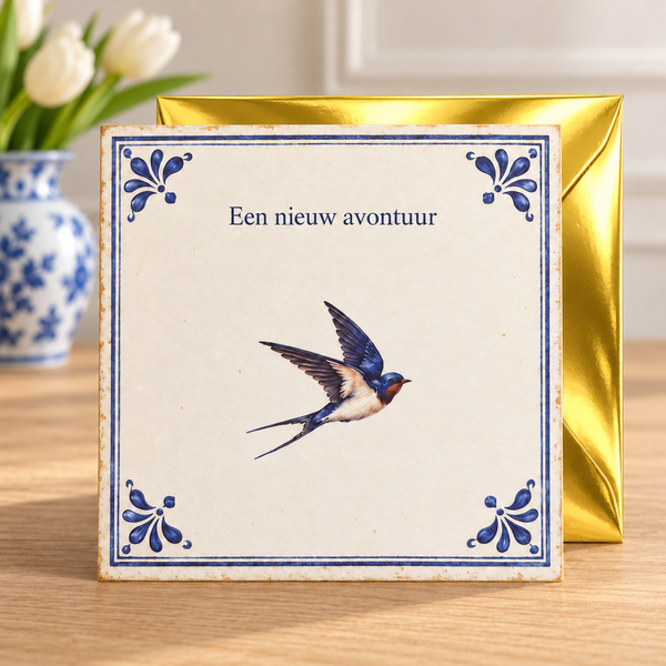 Wenskaart Een nieuw avontuur met gouden envelop