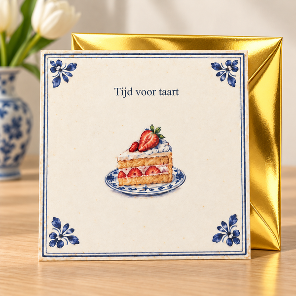 Wenskaart Tijd voor taart met gouden envelop