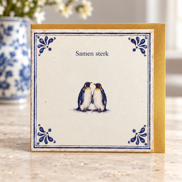 Wenskaart Samen sterk met pinguïns en gouden envelop