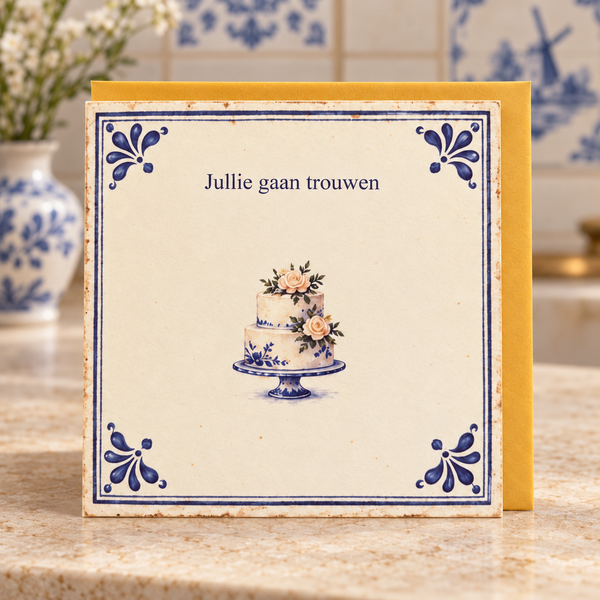 Delfts blauwe wenskaart – Jullie gaan trouwen met één gouden envelop in Delftsblauwe omgeving