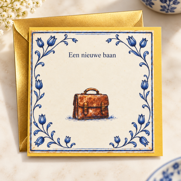 Delftsblauwe wenskaart Een nieuwe baan met gouden envelop