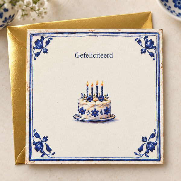 Delftsblauwe wenskaart Gefeliciteerd met gouden envelop