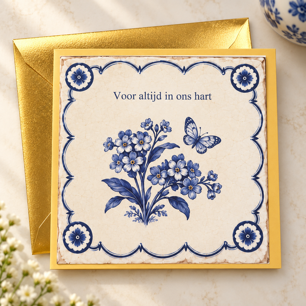 Delftsblauwe wenskaart Voor altijd in ons hart met gouden envelop