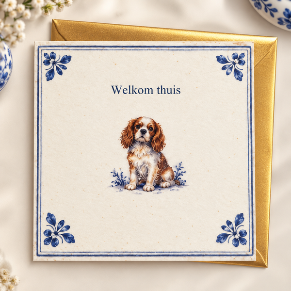 Delftsblauwe wenskaart Welkom thuis met gouden envelop