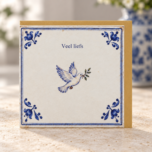 Delftsblauwe wenskaart Veel liefs met duif en gouden envelop
