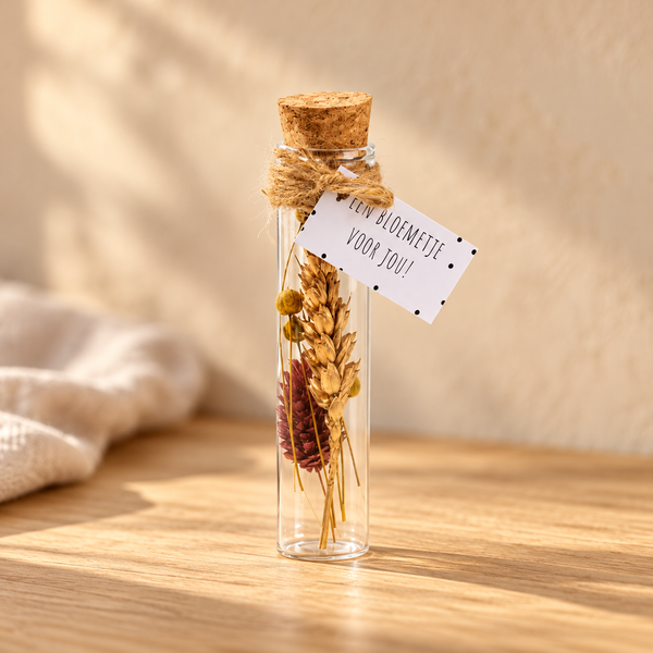 Gouden droogbloemen in glazen flesje op houten tafel