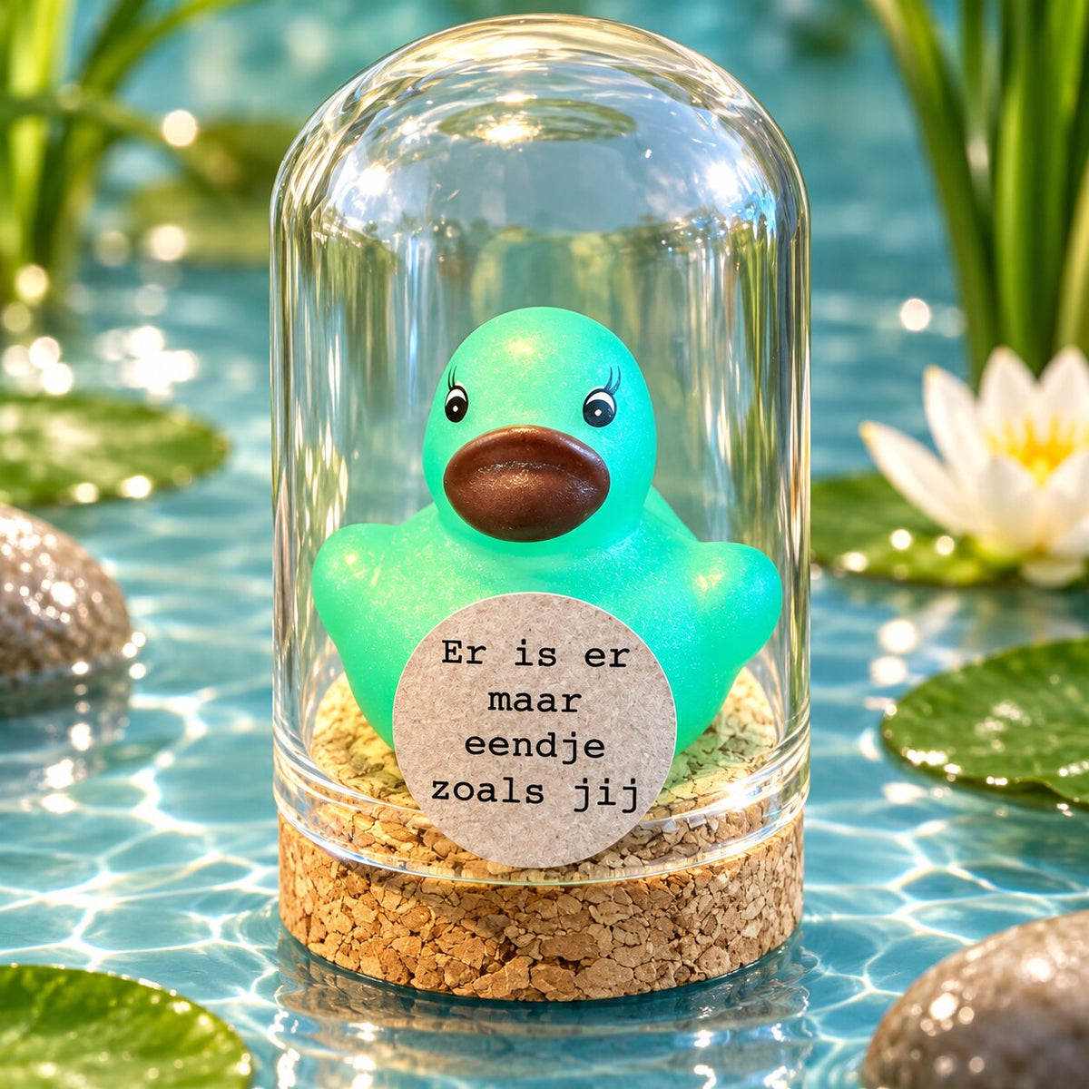 Er is er maar eendje zoals jij – turquoise eend – ronde stolp 4 x 5 cm