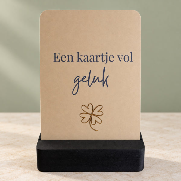 Kaartje op houder goudfolie kaartje vol geluk