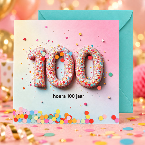 Hoera 100 jaar confettikaart met turquoise envelop achter de kaart