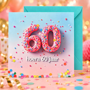 Hoera 60 jaar confettikaart met turquoise envelop achter de kaart