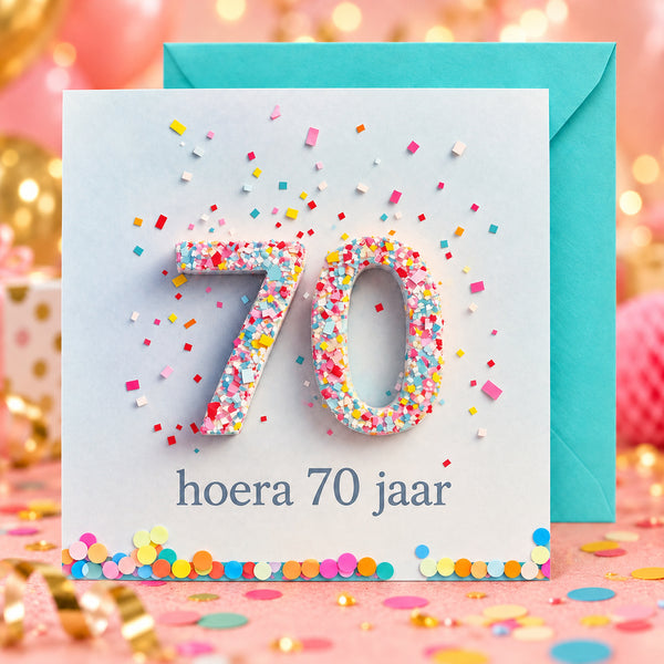 Hoera 70 jaar confettikaart met turquoise envelop achter de kaart