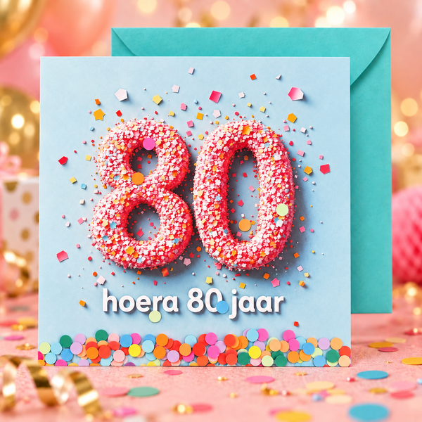 Hoera 80 jaar confettikaart met turquoise envelop achter de kaart