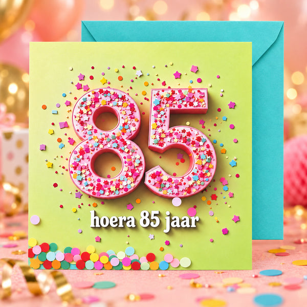 Hoera 85 jaar confettikaart met turquoise envelop achter de kaart