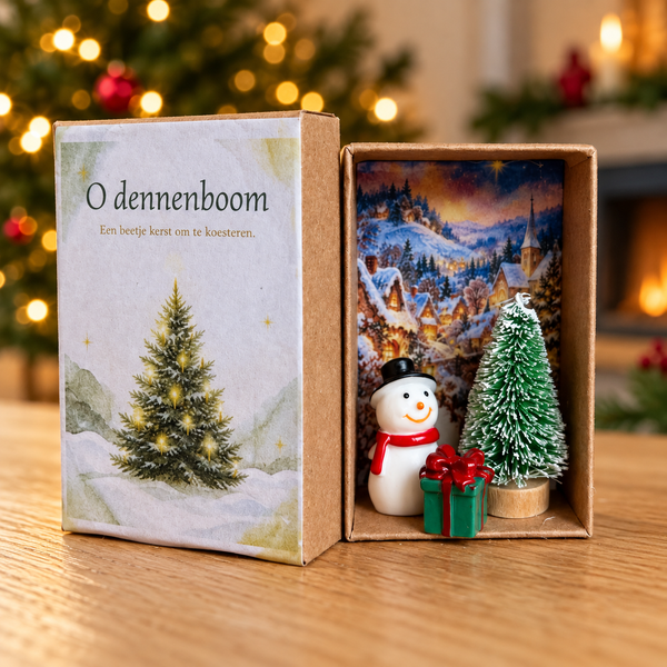 O dennenboom – kerst kijk- en cadeaudoosje open met passende achtergrond