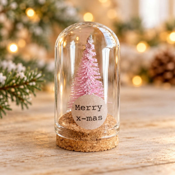Kerstboom roze in glazen stolp – Merry x-mas