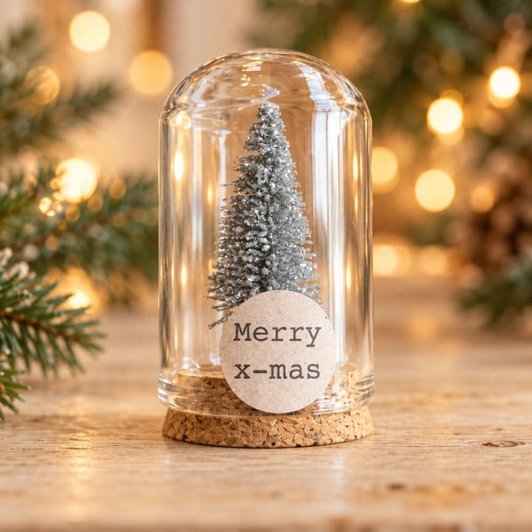 Kerstboom zilver in glazen stolp – Merry x-mas