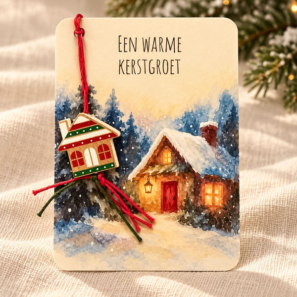 Kerstkaart met huisje – Een warme kerstgroet – A7 7,4 × 10,5 cm