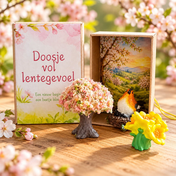 Doosje vol lentegevoel met bloesemboom, roodborstje en bloemen