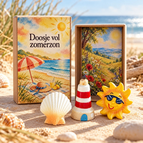 Doosje vol zomerzon met schelp, vuurtoren en zonnetje