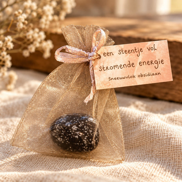 Sneeuwvlokobsidiaan knuffelsteen in organza cadeauzakje met kaartje