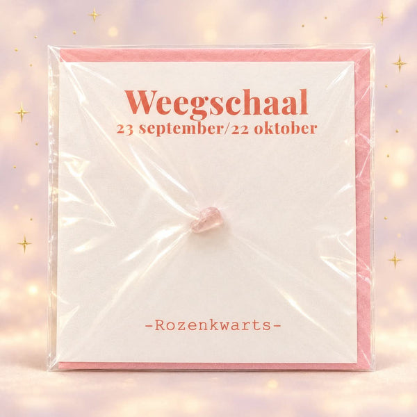 Sterrenbeeldkaart Weegschaal met rozenkwarts en envelop op magische achtergrond