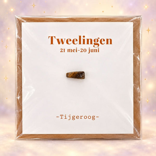Sterrenbeeldkaart Tweelingen met tijgeroog en envelop op magische achtergrond