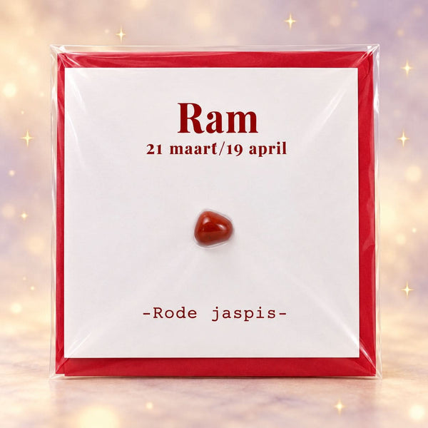Sterrenbeeldkaart Ram met rode jaspis en envelop op magische achtergrond