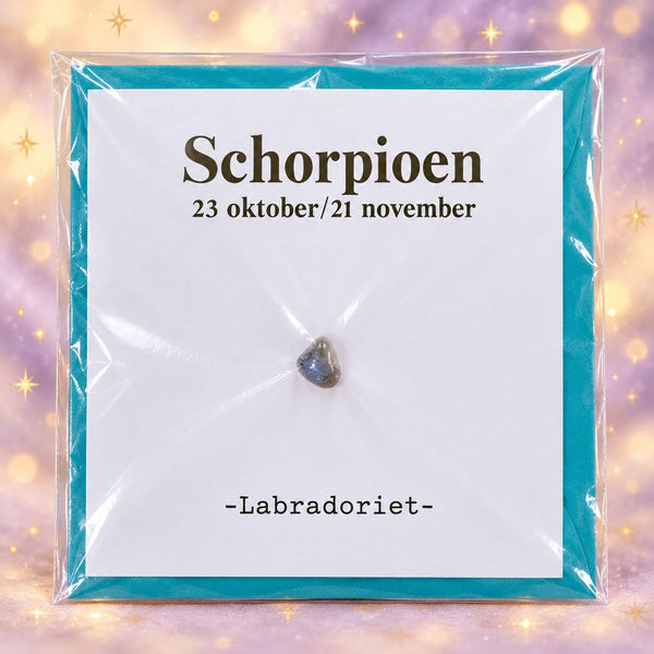 Sterrenbeeldkaart Schorpioen met labradoriet op magische achtergrond