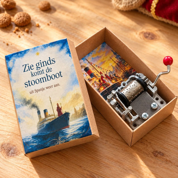 Muziekdoosje Zie ginds komt de stoomboot in Sinterklaassfeer
