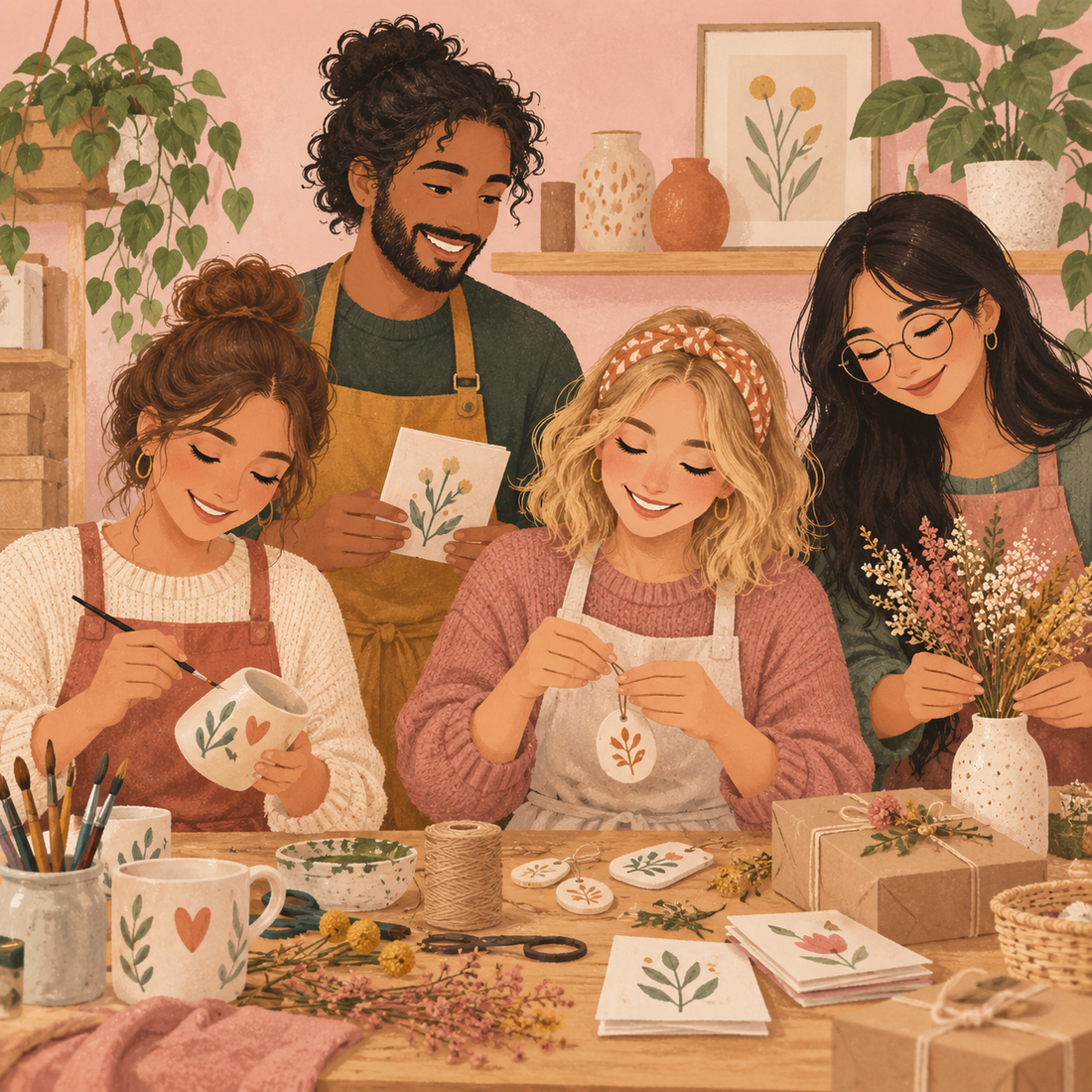 Getekende groepsillustratie van onze makers