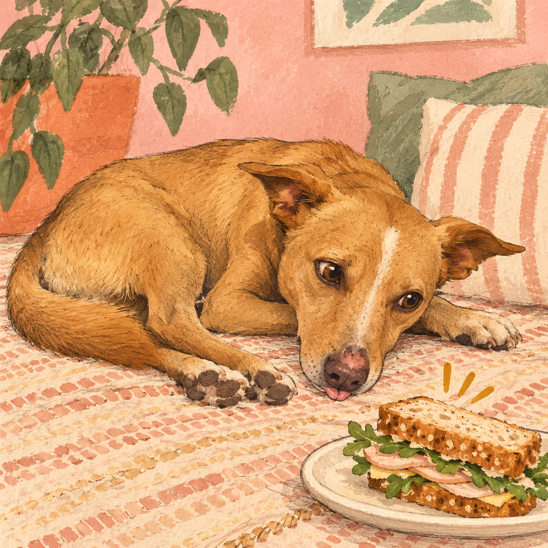 Getekende portret van Sammy de hond met een broodje