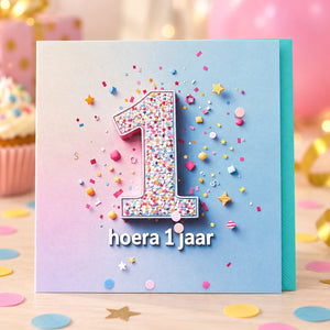Verjaardagskaart hoera 1 jaar met turquoise envelop