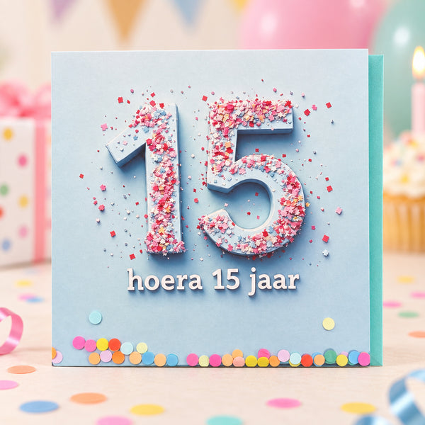 Verjaardagskaart hoera 15 jaar met turquoise envelop