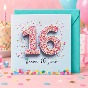 Verjaardagskaart hoera 16 jaar met turquoise envelop