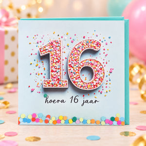 Verjaardagskaart hoera 16 jaar met turquoise envelop
