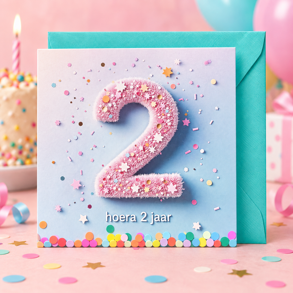 Verjaardagskaart hoera 2 jaar met turquoise envelop