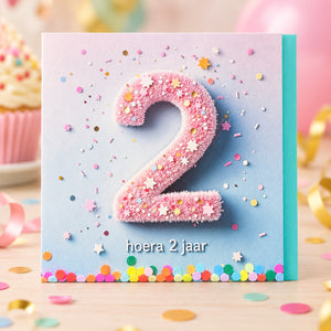Verjaardagskaart hoera 2 jaar met turquoise envelop