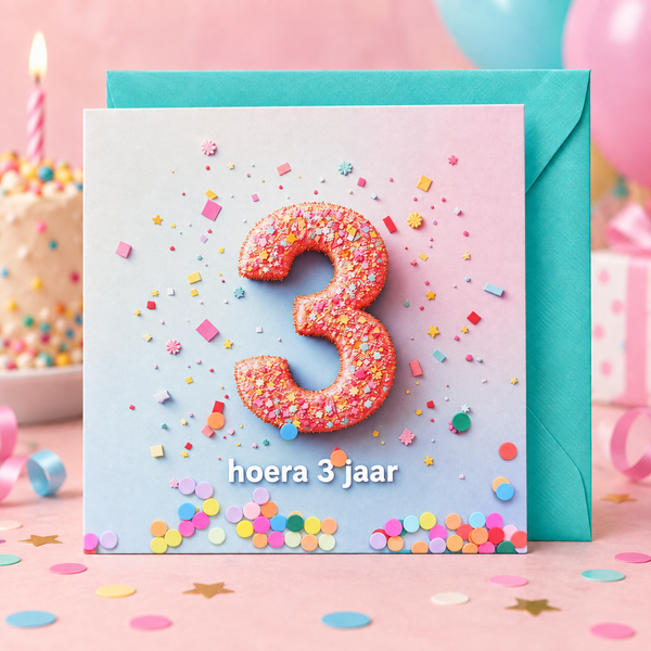 Verjaardagskaart hoera 3 jaar met turquoise envelop