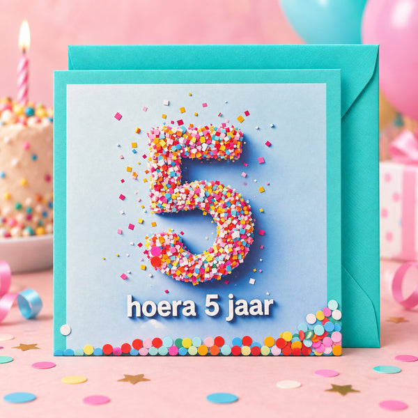 Verjaardagskaart hoera 5 jaar met turquoise envelop