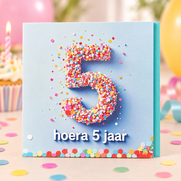 Verjaardagskaart hoera 5 jaar met turquoise envelop