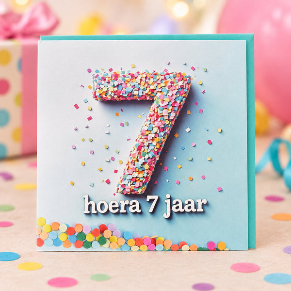 Verjaardagskaart hoera 7 jaar met turquoise envelop
