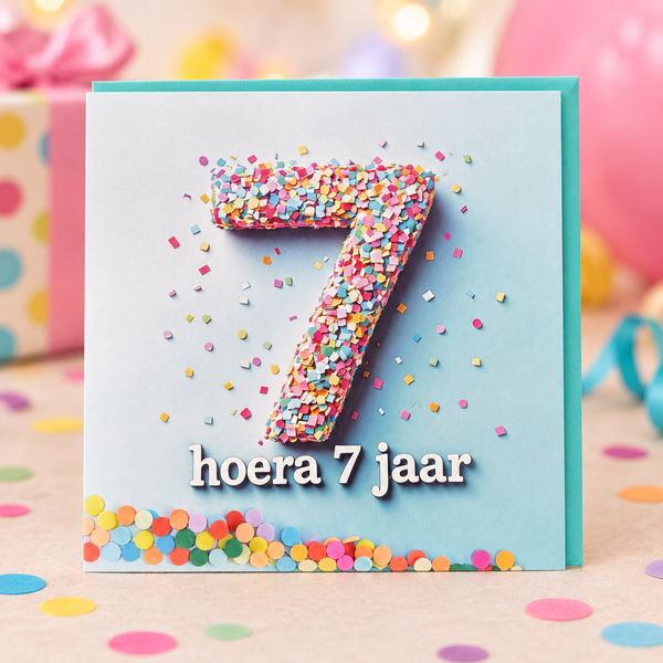 Verjaardagskaart hoera 7 jaar met turquoise envelop