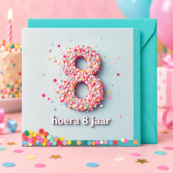 Verjaardagskaart hoera 8 jaar met turquoise envelop