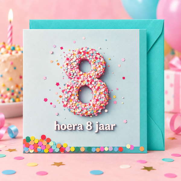 Verjaardagskaart hoera 8 jaar met turquoise envelop