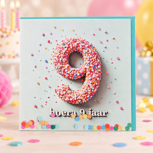 Verjaardagskaart hoera 9 jaar met turquoise envelop